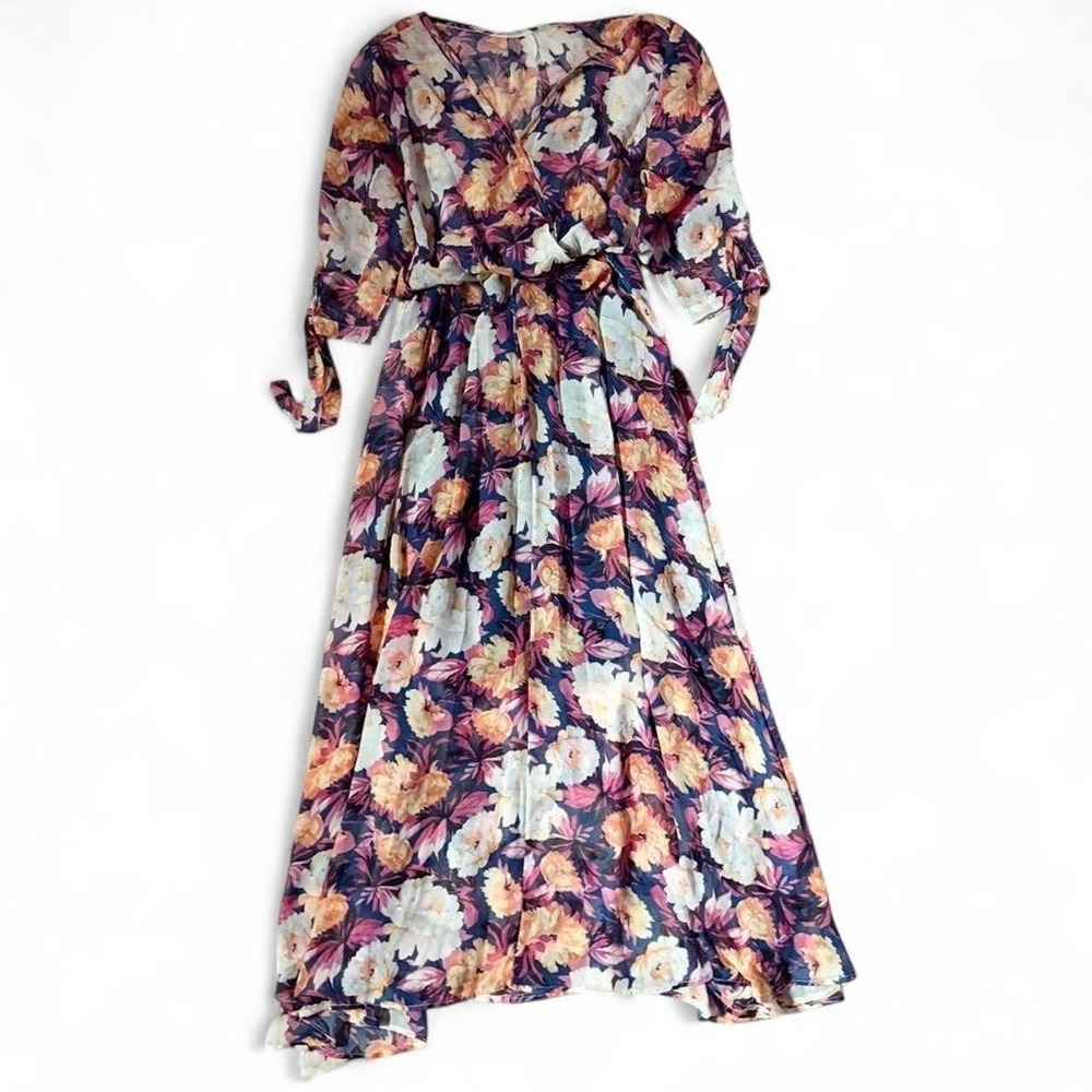 Floral Sheer Whimsical Goddess Flowy Wedding Guest Tea Party Maxi Dress Womens L